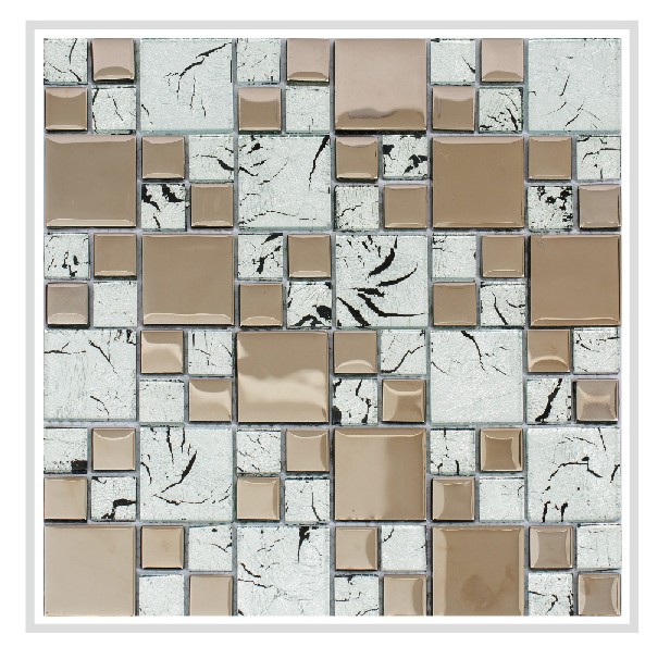 Mirrella Rousha/Silver, Shiny silver and patterned silver and black glass, 12 in. x 12 in. x 6 mm Glass Mesh-Mounted Tile