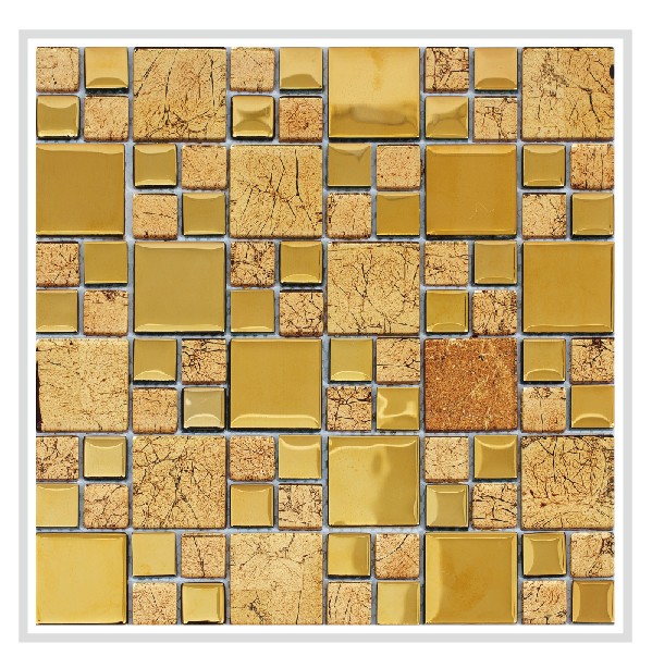 Mirrella Rousha/Gold, Shiny gold and patterned gold glass, 12 in. x 12 in. x 6 mm Glass Mesh-Mounted Tile