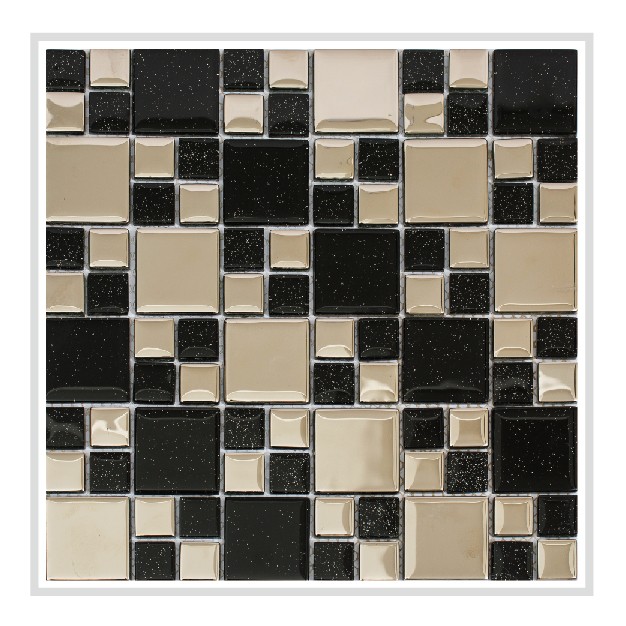 Mirrella Rousha/Black, Shiny silver and black sparkled glass, 12 in. x 12 in. x 6 mm Glass Mesh-Mounted Tile