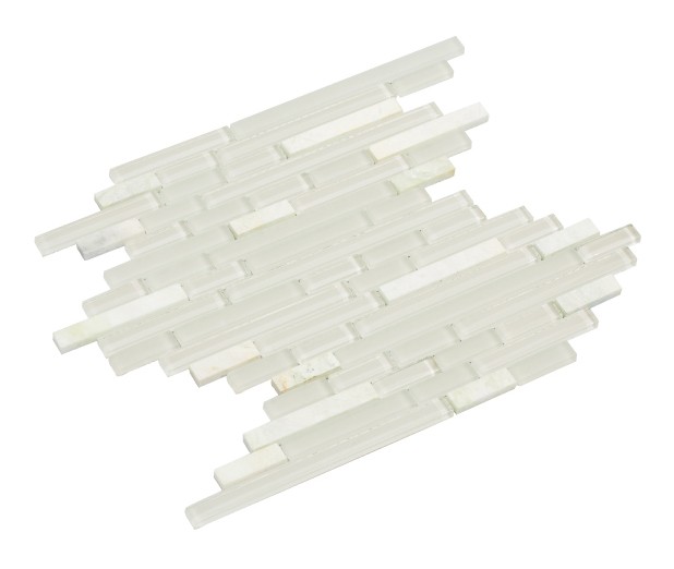 Mirrella Fara/04, Light crème matte and shiny crème glass with white and light white and green stone, 12 in. x 12 in. x 8 mm Glass Mesh-Mounted Tile