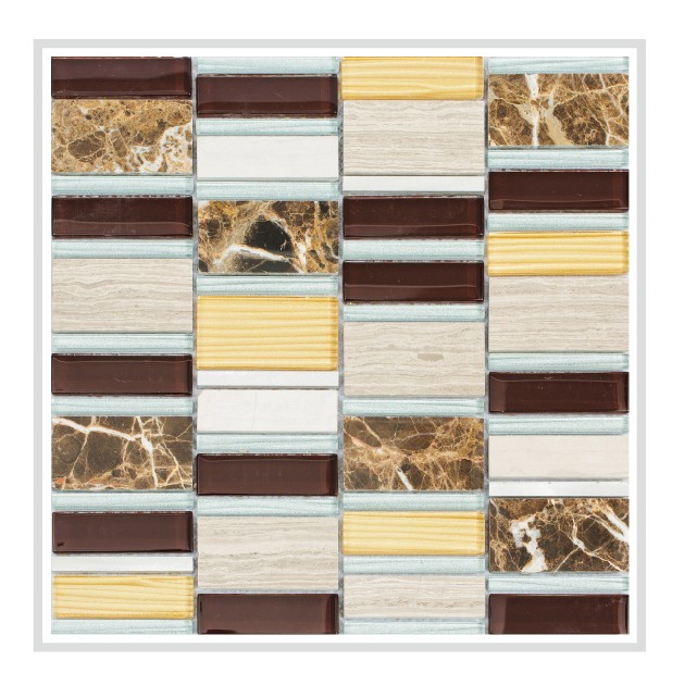 Mirrella Tallia/01, Shiny mahogany, striped gold, and glistening silver glass with aluminum and two different natural polished stones, 12 in. x 12 in. x 8 mm Glass Mesh-Mounted Tile