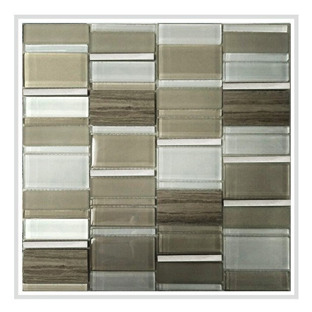 Mirrella Tallia/04, Shiny white and beige and matte beige glass with aluminum and two different natural polished stones, 12 in. x 12 in. x 8 mm Glass Mesh-Mounted Tile