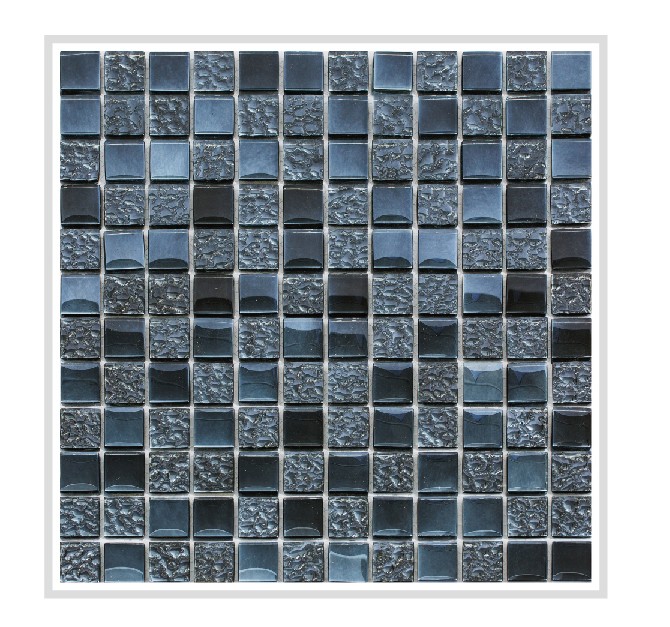 Mirrella Bella/01, Pure shiny black and textured midnight blue glass, 12 in. x 12 in. x 8 mm Glass Mesh-Mounted Tile